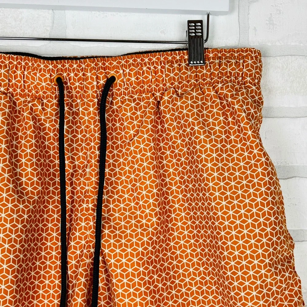 Mens Orange Geometric Honeycomb Cube Print Swim Trunks Elastic Waist Shorts M